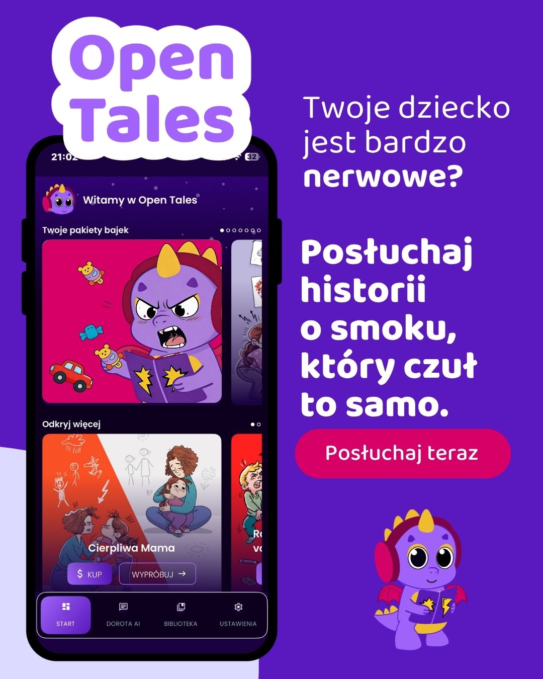 Open Tales app screen showing story tiles and the friendly dragon mascot - stories about emotions for your child