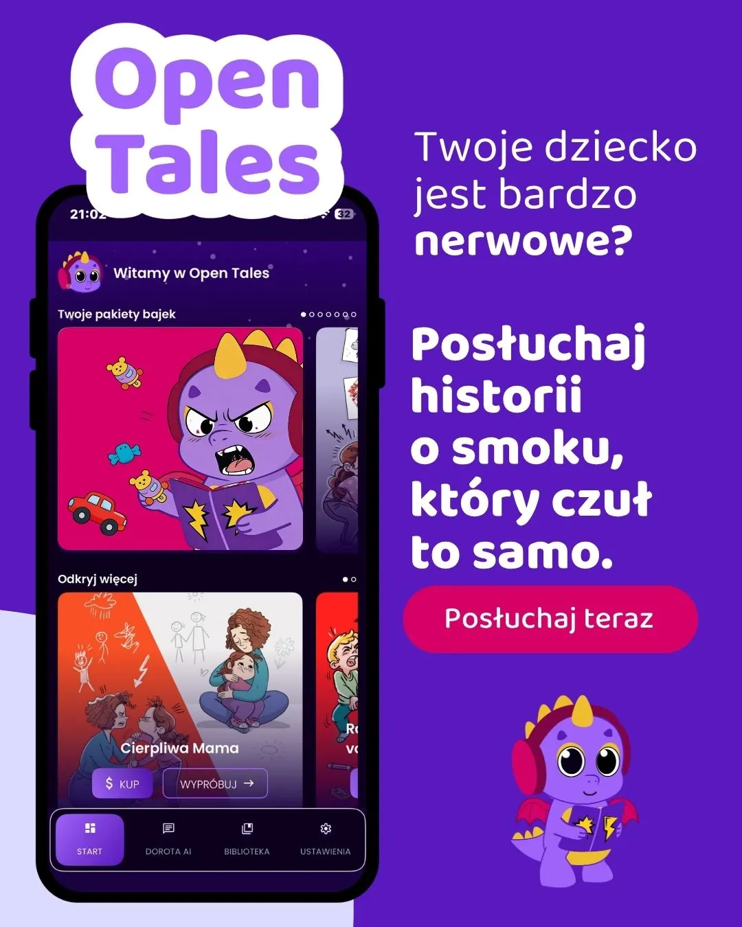 Open Tales app screen showing story tiles and the friendly dragon mascot - stories about emotions for your child
