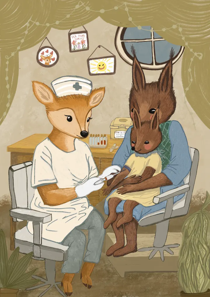 Illustration from the story: Nurse Deer gently draws Tosia's blood while she sits on her mom's lap