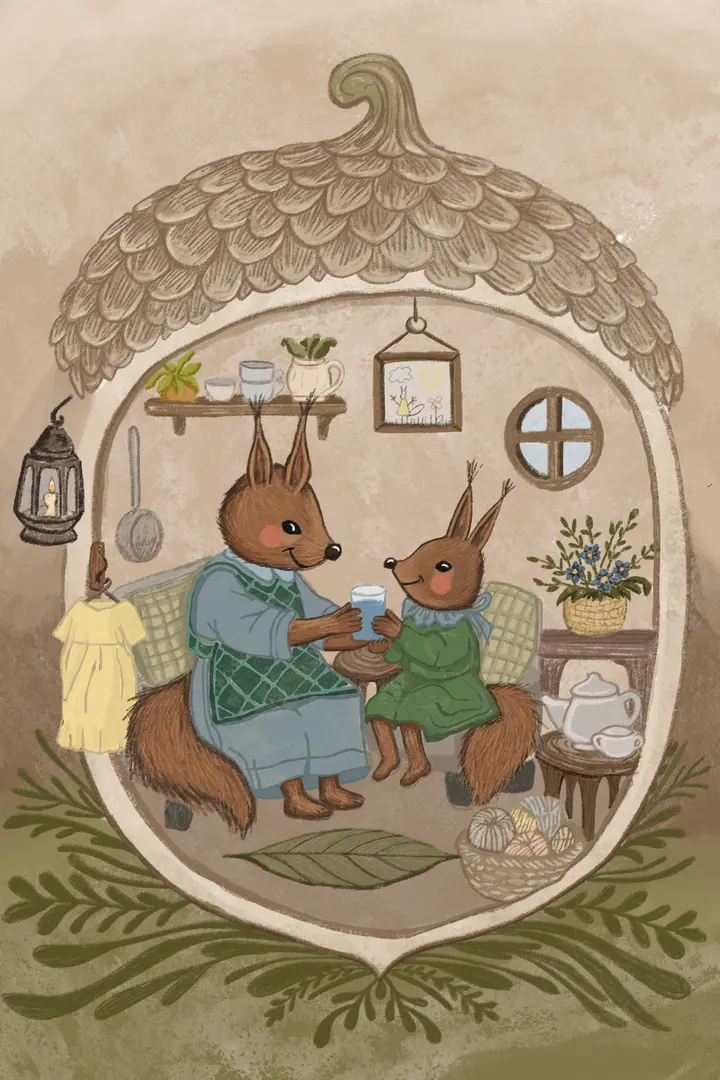 Illustration from the story: a cozy tree hollow inside an acorn - mom and Tosia having tea
