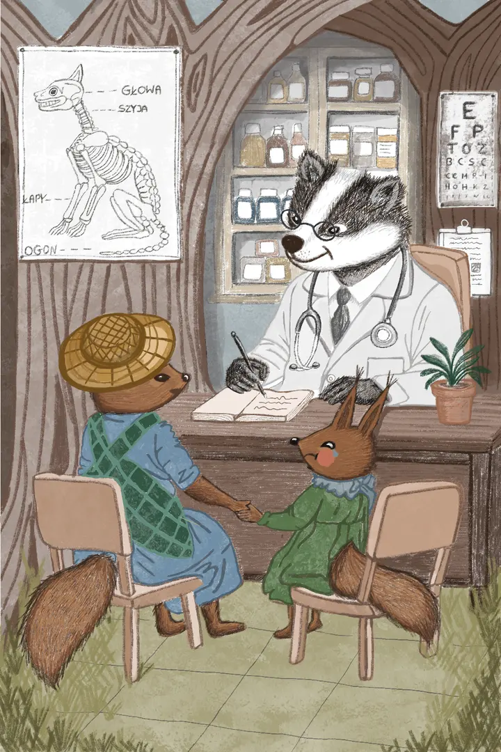 Illustration from the story: Doctor Badger in his office explains to mama squirrel and Tosia what the test looks like