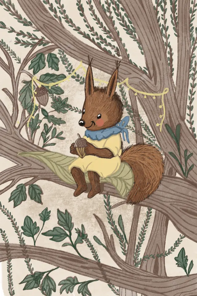Illustration from the story: Tosia the squirrel sits on a branch holding an acorn