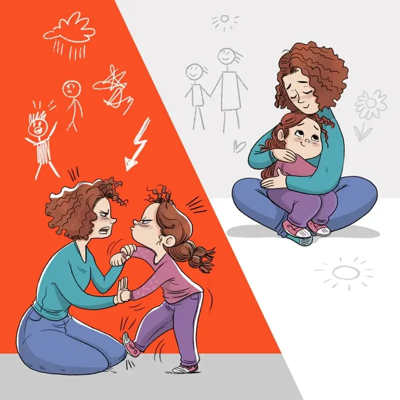 Illustrated card: a parent and child sitting together at a desk in a cozy room