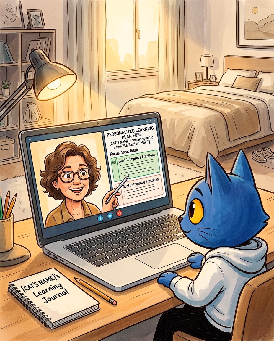 Illustrated card: a parent and a child sitting together at a desk in a cozy room