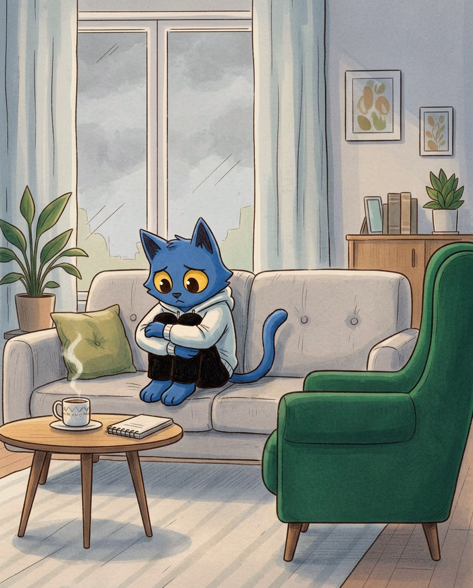 Illustrated card: a child talking one on one with a friendly mentor by a window