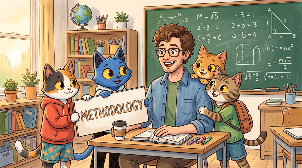 Illustrated classroom: a teacher at a chalkboard teaching three cartoon cat students