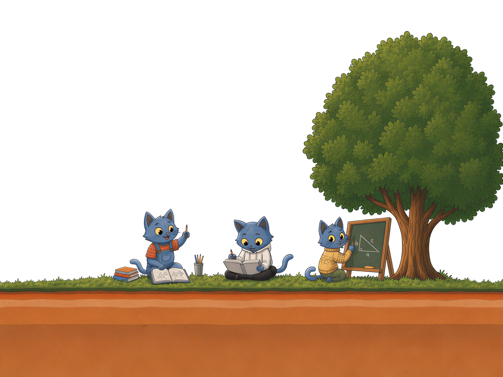 Three cartoon blue cats relaxing outdoors near a tree: one reading books, one writing, one at a chalkboard