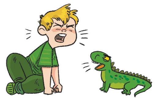 Boy yelling next to his iguana friend