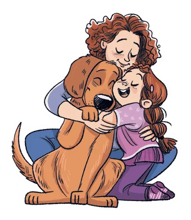 Mom hugging her daughter together with their dog