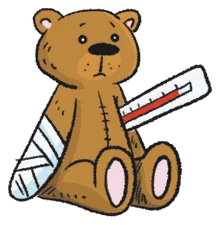 Teddy bear with a bandaged arm and thermometer