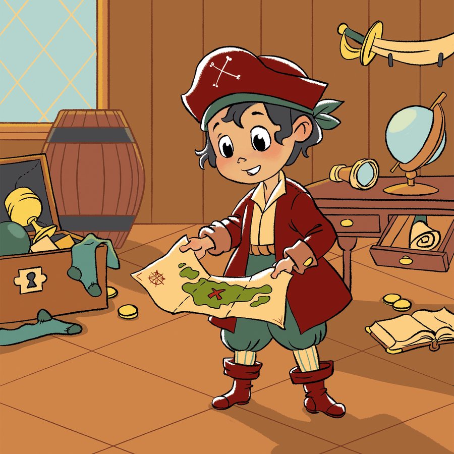 Tale illustration: Captain Jacek the young pirate with a treasure map