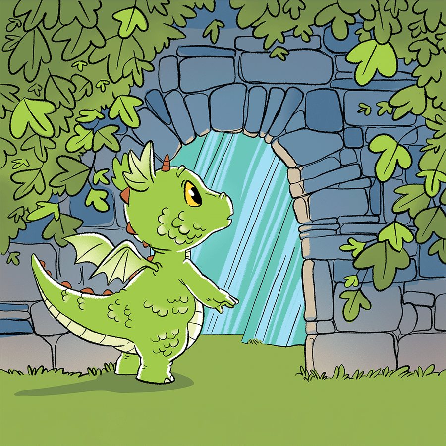 Tale illustration: Kajtek the little dragon at a stone gate