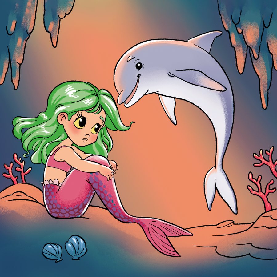 Tale illustration: Zuzanna the little mermaid with Filip the dolphin