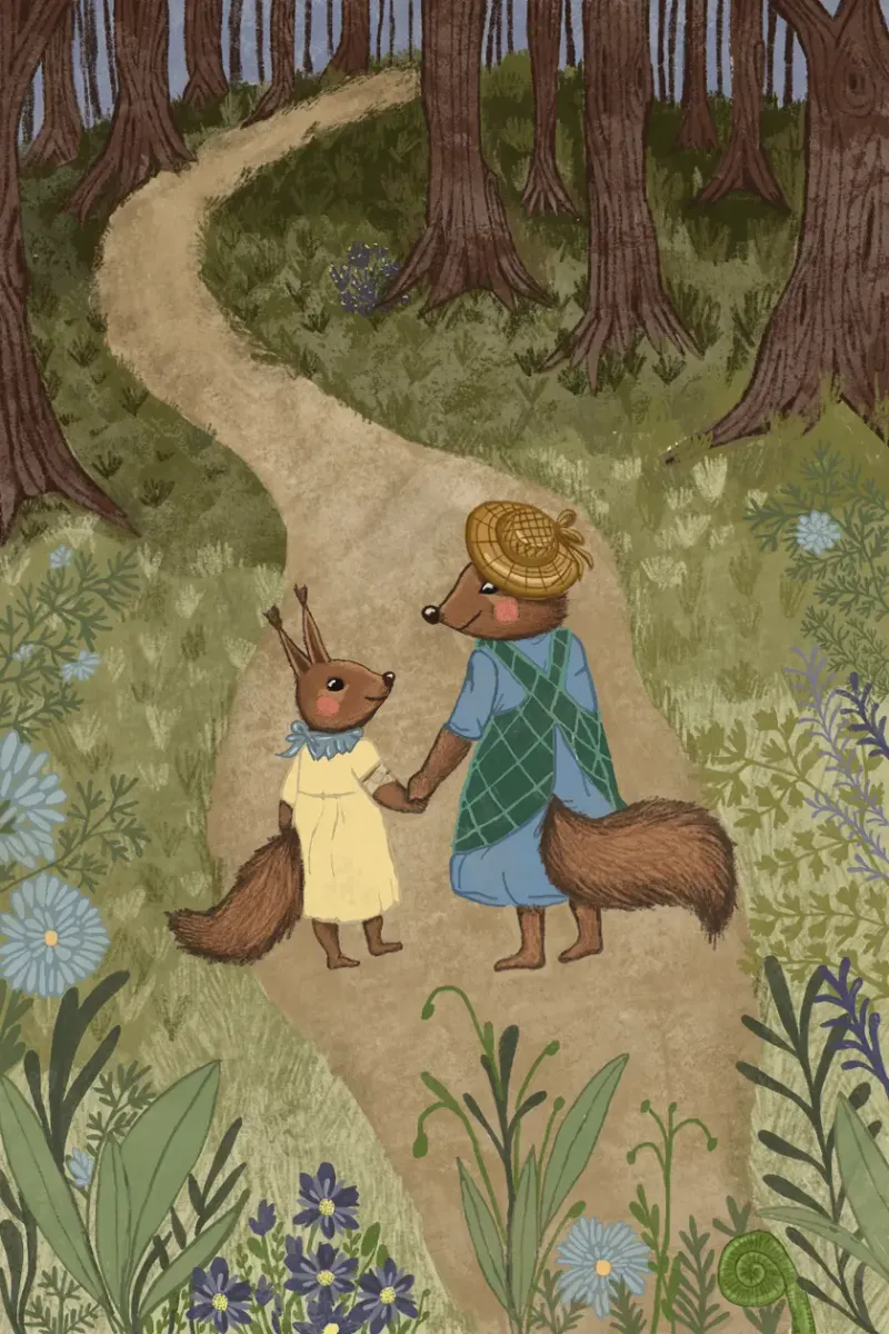Illustration from the Forest Heroes series: an adult squirrel leading a small squirrel by the hand along a forest path